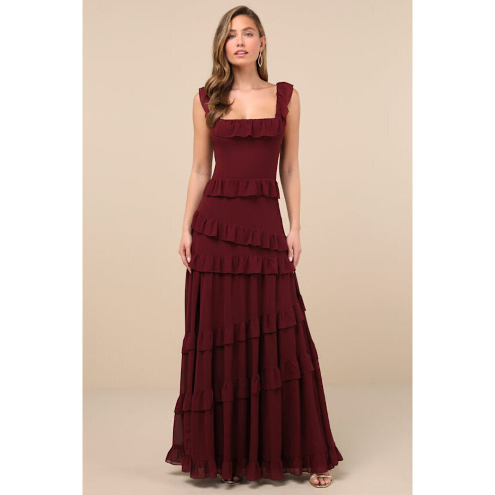 Lulus Compelling Romantic Burgundy Ruffled Tiered Maxi Dress - Size S